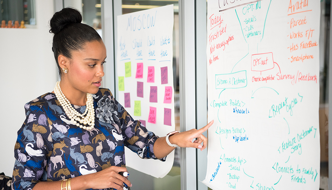 chief marketing officer reading ideas from a poster