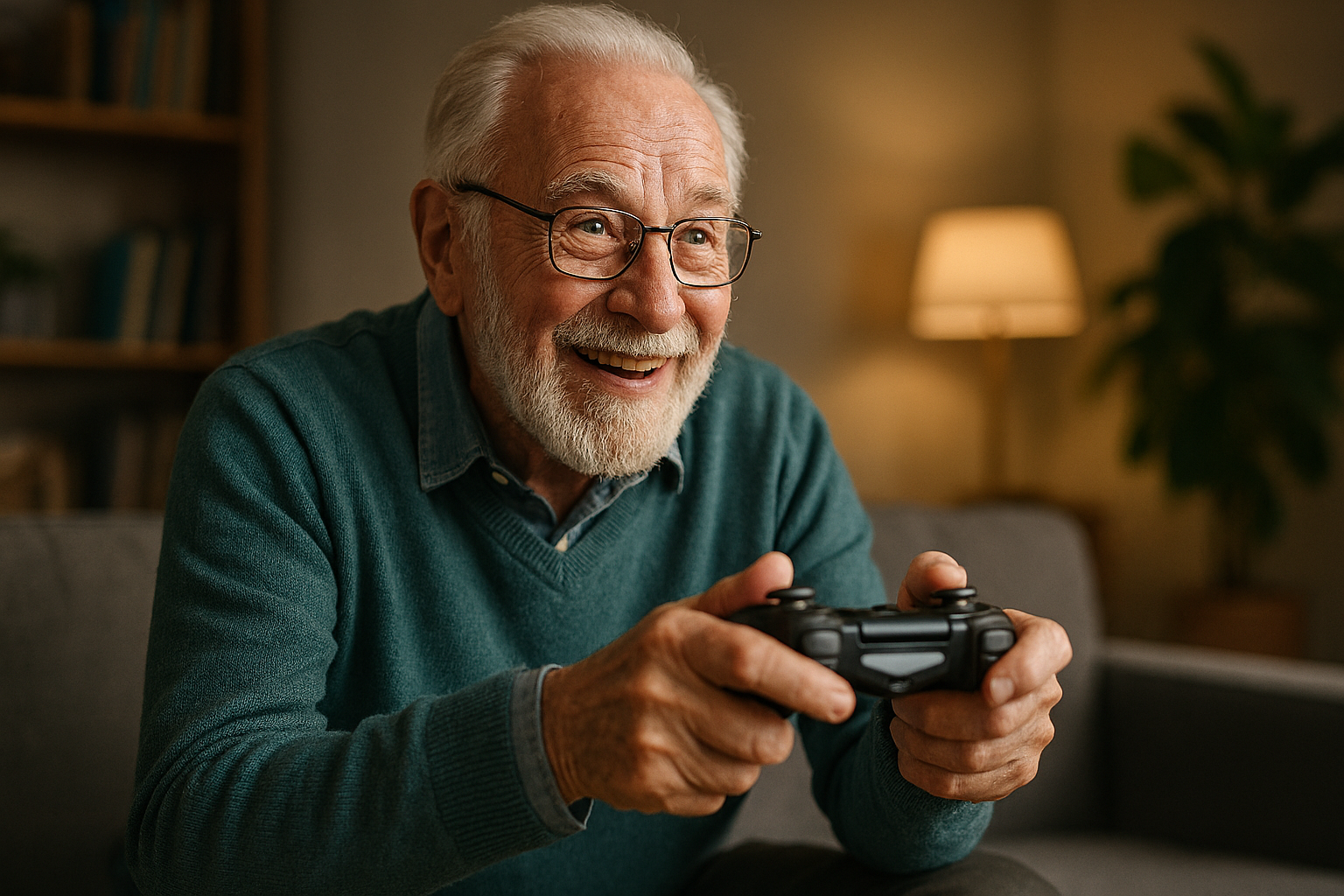 senior man playing video games