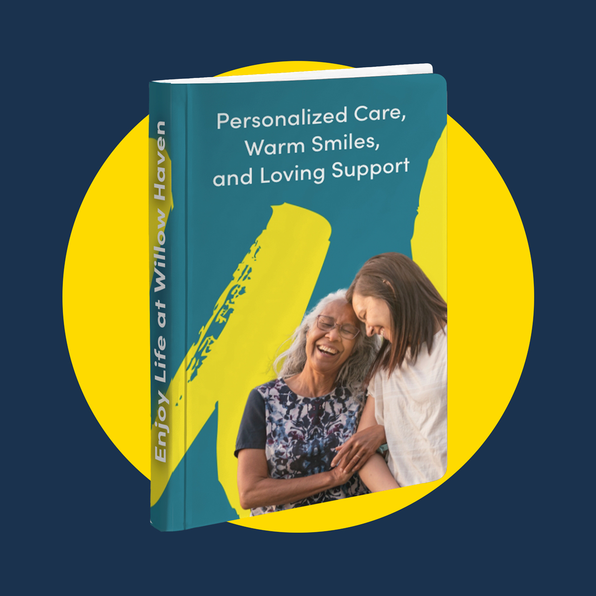 a book about personalized senior care floating in a yellow circle