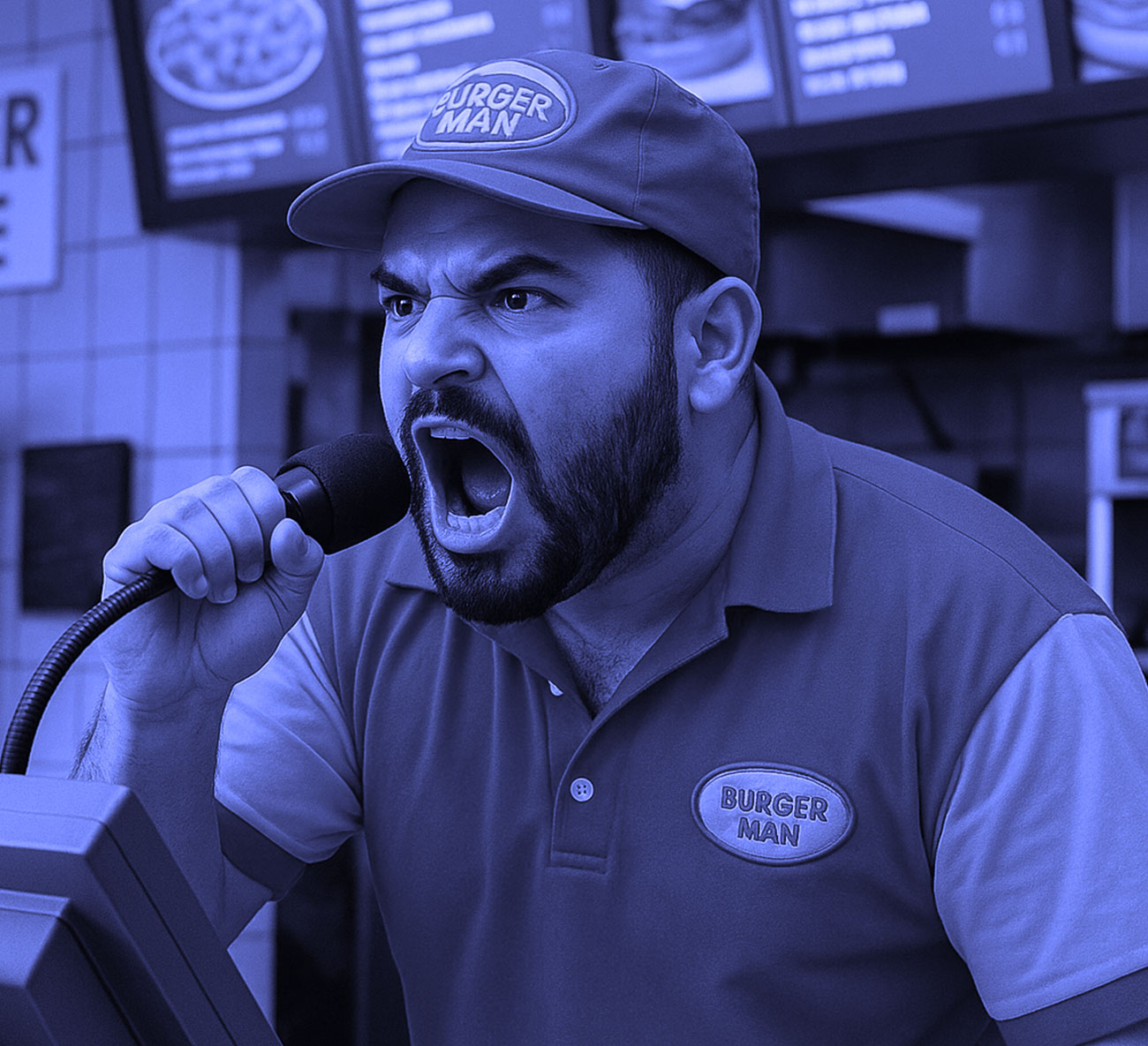 An angry fast food worker yells into a microphone from his place behind the counter.