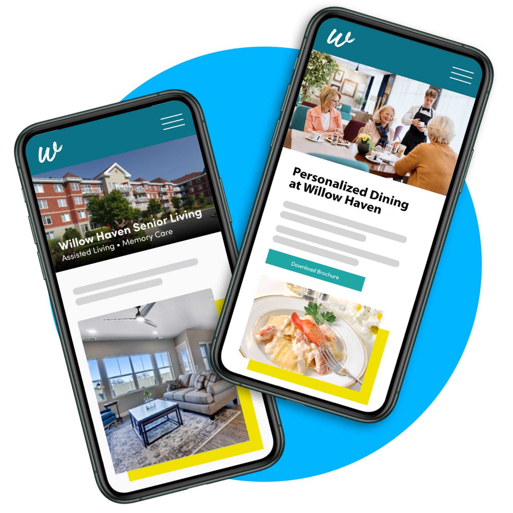 two smartphones overlapping, showing a website for a senior living community.