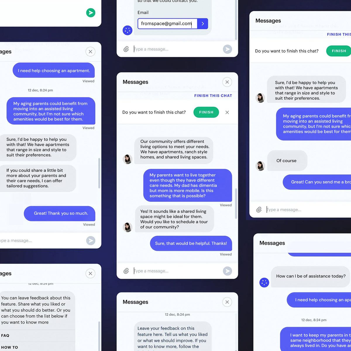 A collage of mobile phone screens showing a live chat customer service feature.